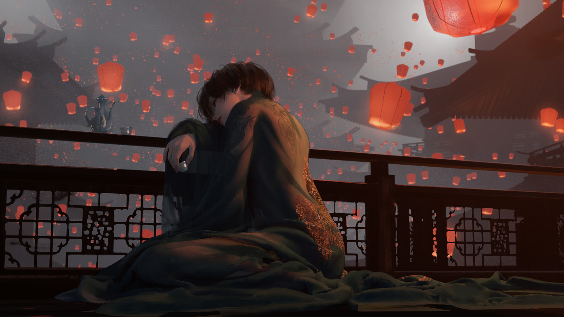 唯美女孩，孔明灯 古式建筑电脑壁纸