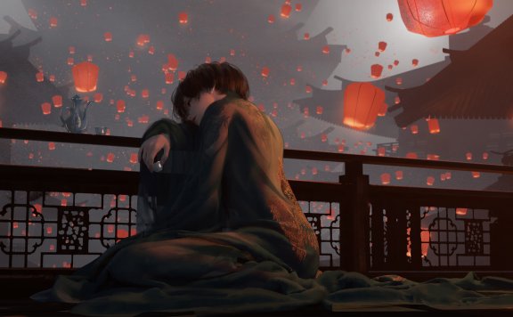 唯美女孩，孔明灯 古式建筑电脑壁纸